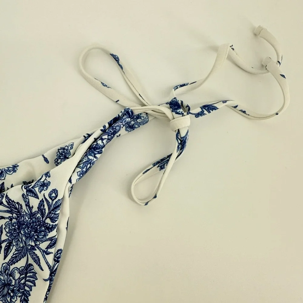 Berlook Blue Floral Bikini Bottom Small Cottagecore Coastal Chinoiserie Side Tie